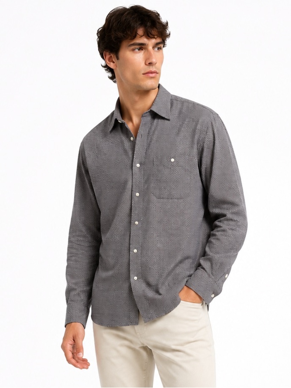 Kenneth Gordon USA Made Button Front Shirt Blue Taupe Geometric Print Mens M